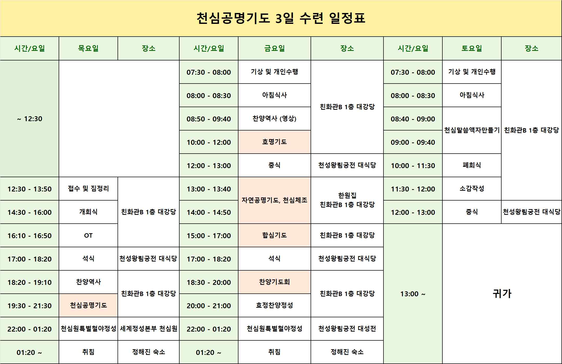 천심공명기도 3일수련 주요 프로그램 및 일정